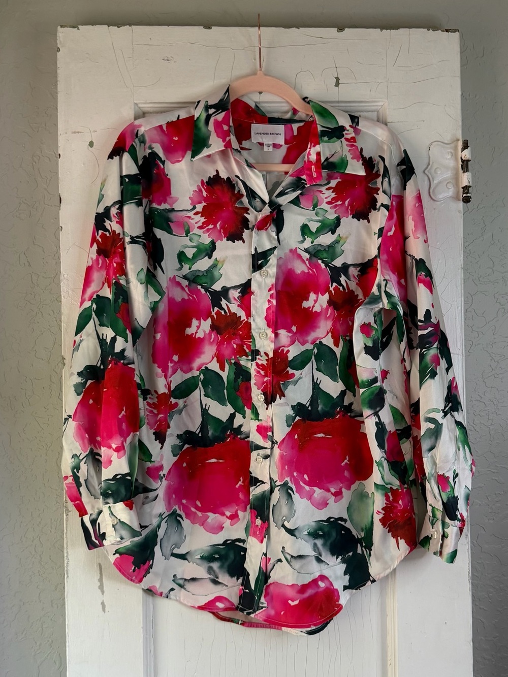 Lavender Brown Floral Silk Feel Button Down Shirt L Large Long Sleeve Blouse